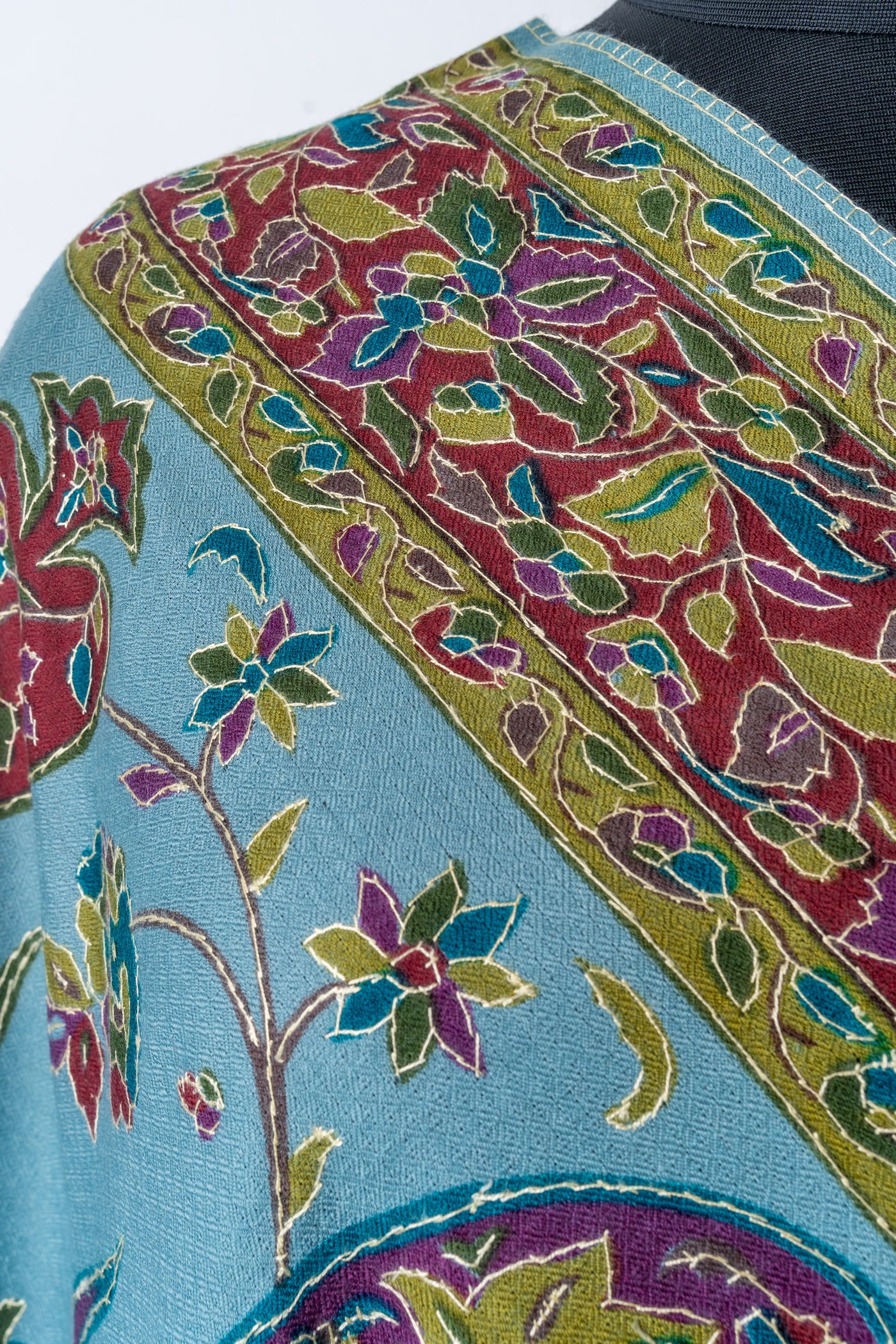 Kalamkari Shawl: Hand-Embroidered Sozni Paisley Merino Wool Shawl in Aqua Delight