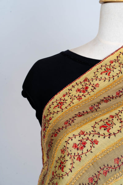 Golden Harvest: Hand-Embroidered Sozni Merino Wool Shawl