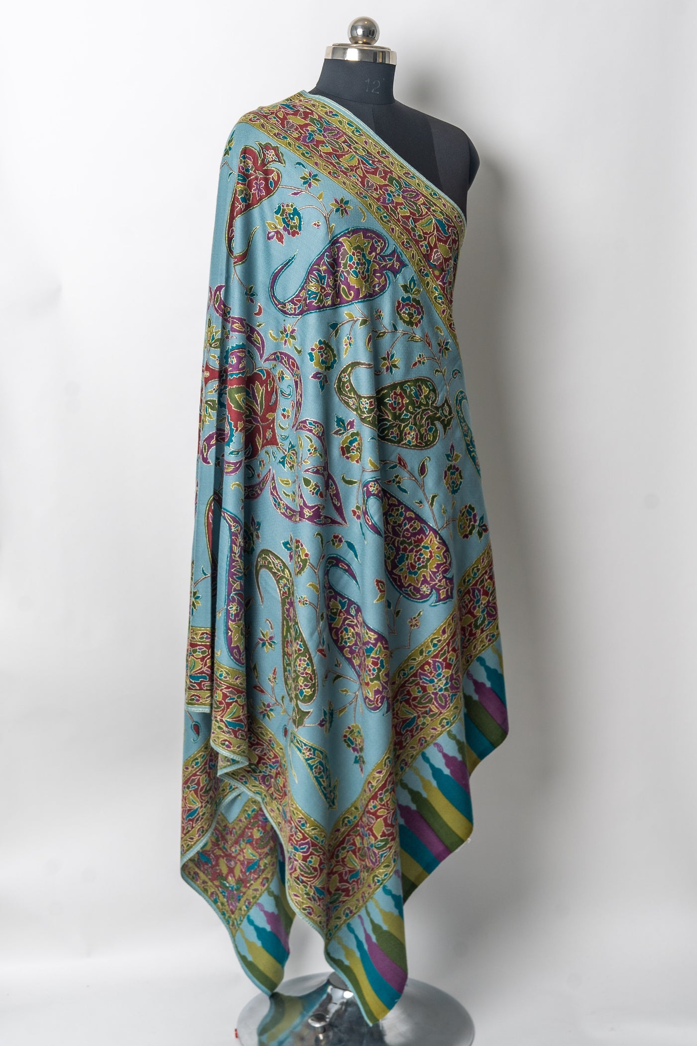 Kalamkari Shawl: Hand-Embroidered Sozni Paisley Merino Wool Shawl in Aqua Delight