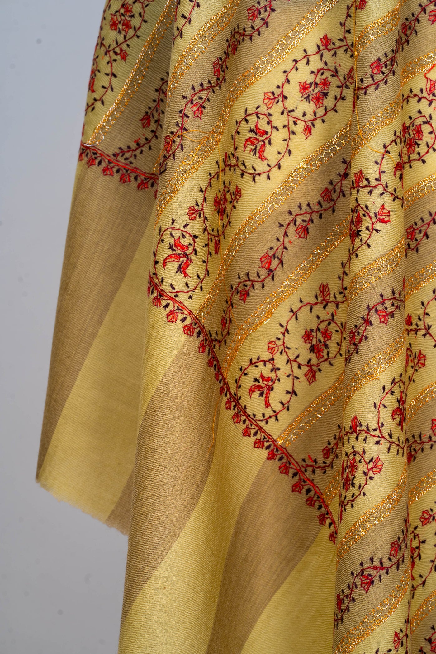 Golden Harvest: Hand-Embroidered Sozni Merino Wool Shawl