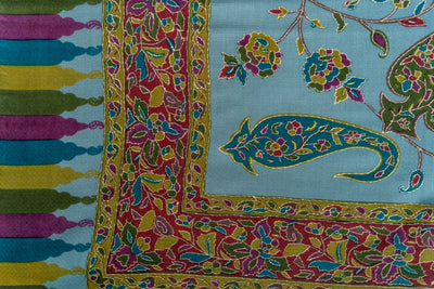 Kalamkari Shawl: Hand-Embroidered Sozni Paisley Merino Wool Shawl in Aqua Delight