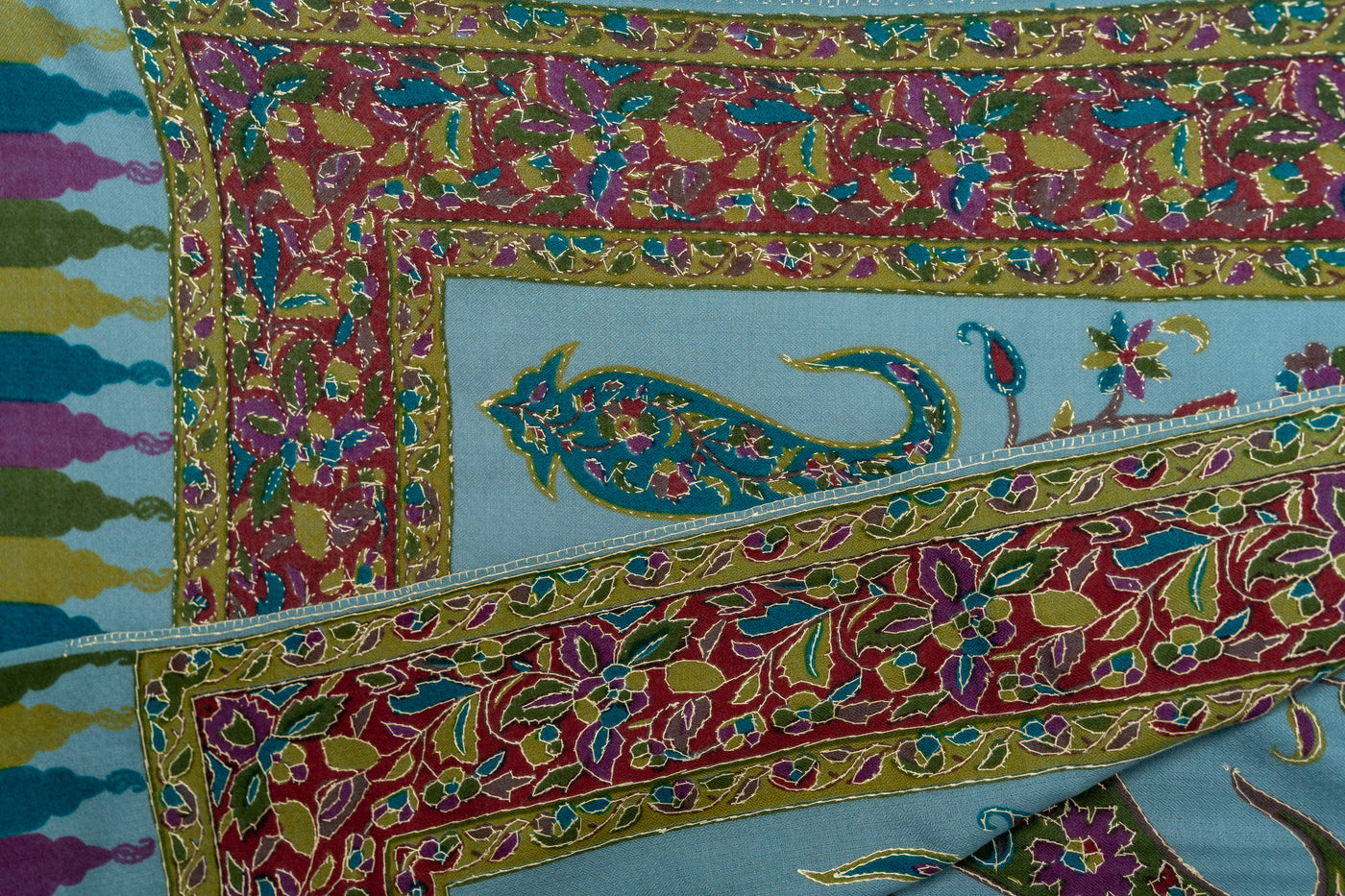 Kalamkari Shawl: Hand-Embroidered Sozni Paisley Merino Wool Shawl in Aqua Delight