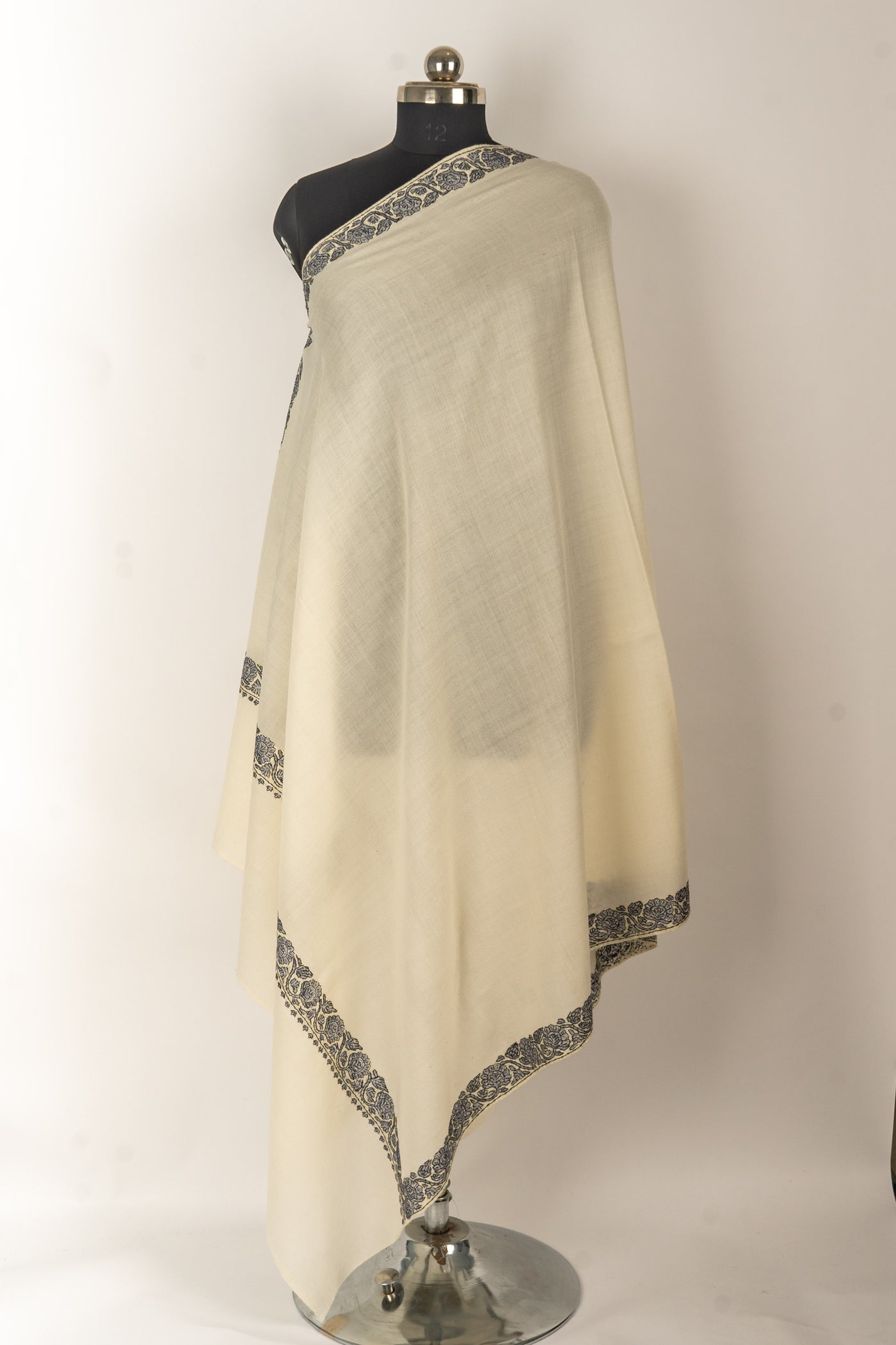 Timeless Grace: Hand-Embroidered Sozni Border Merino Wool Shawl in Ivory Charm