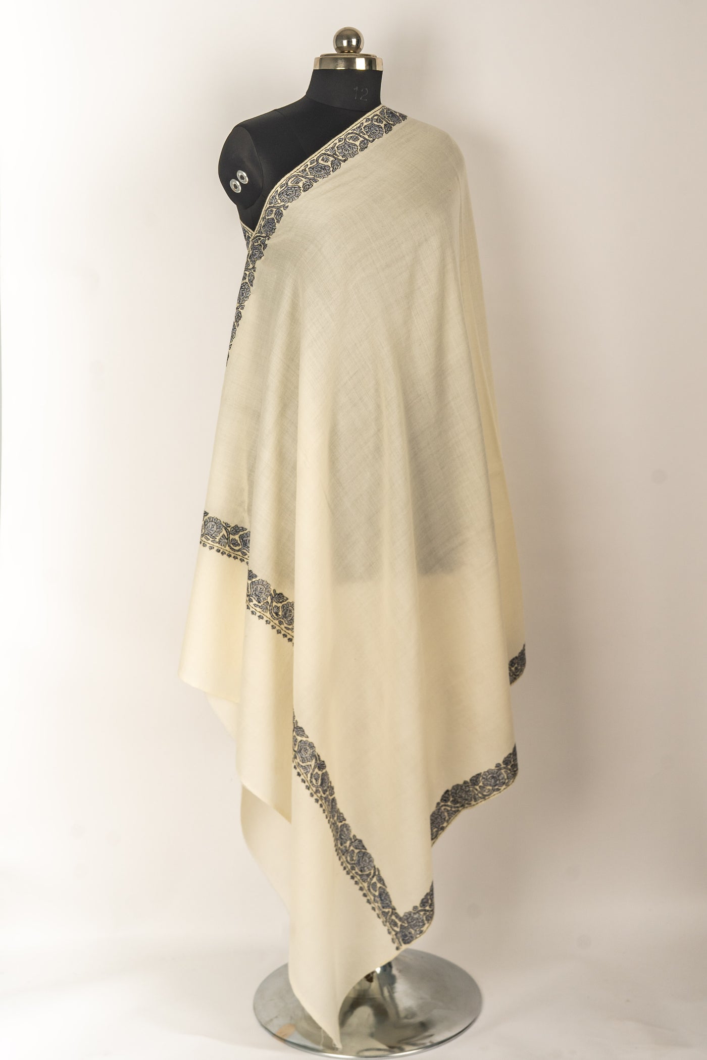 Timeless Grace: Hand-Embroidered Sozni Border Merino Wool Shawl in Ivory Charm