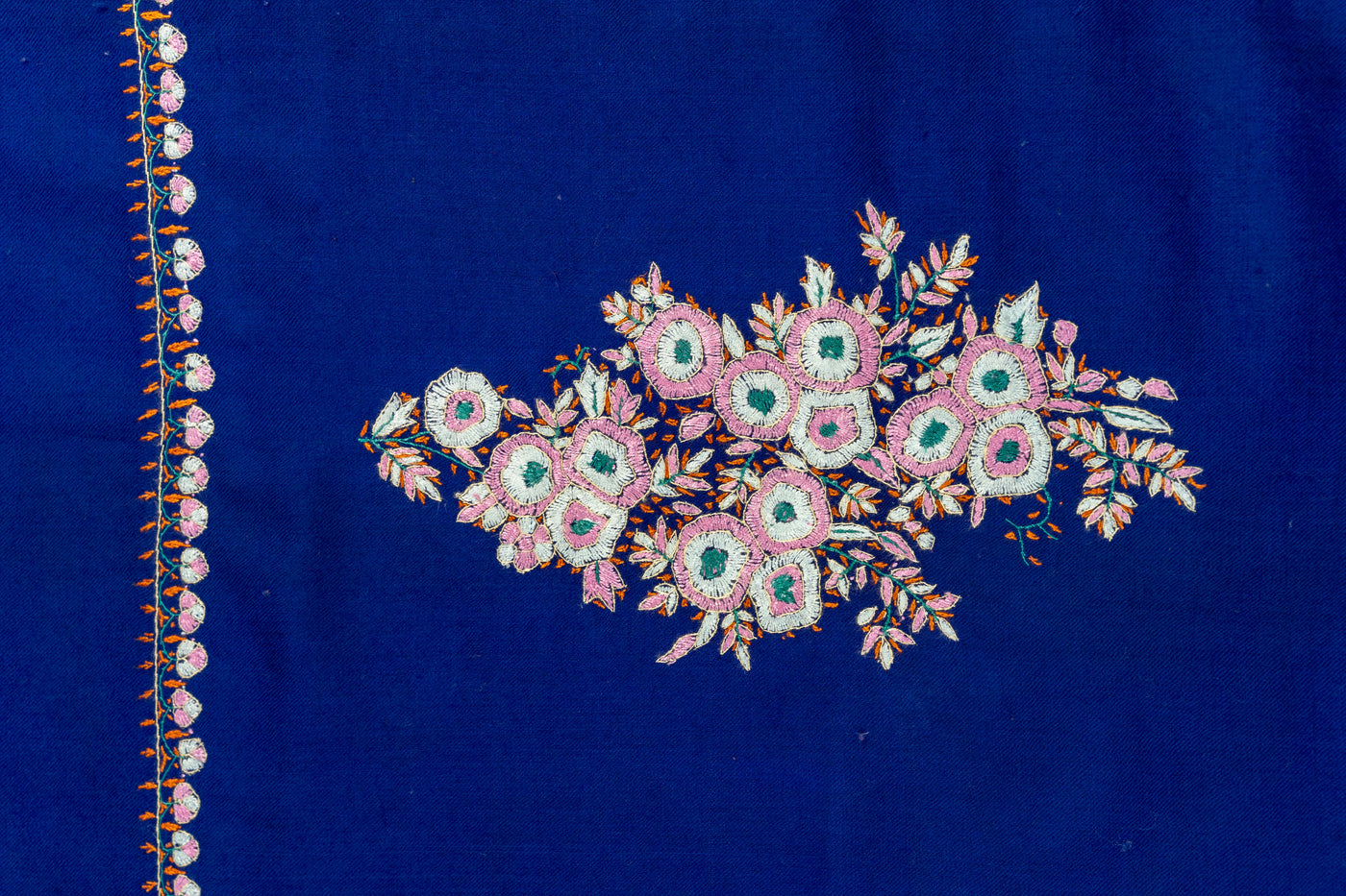 Royal Sapphire: Floral Hand-Embroidered Sozni Merino Wool Shawl in Deep Blue