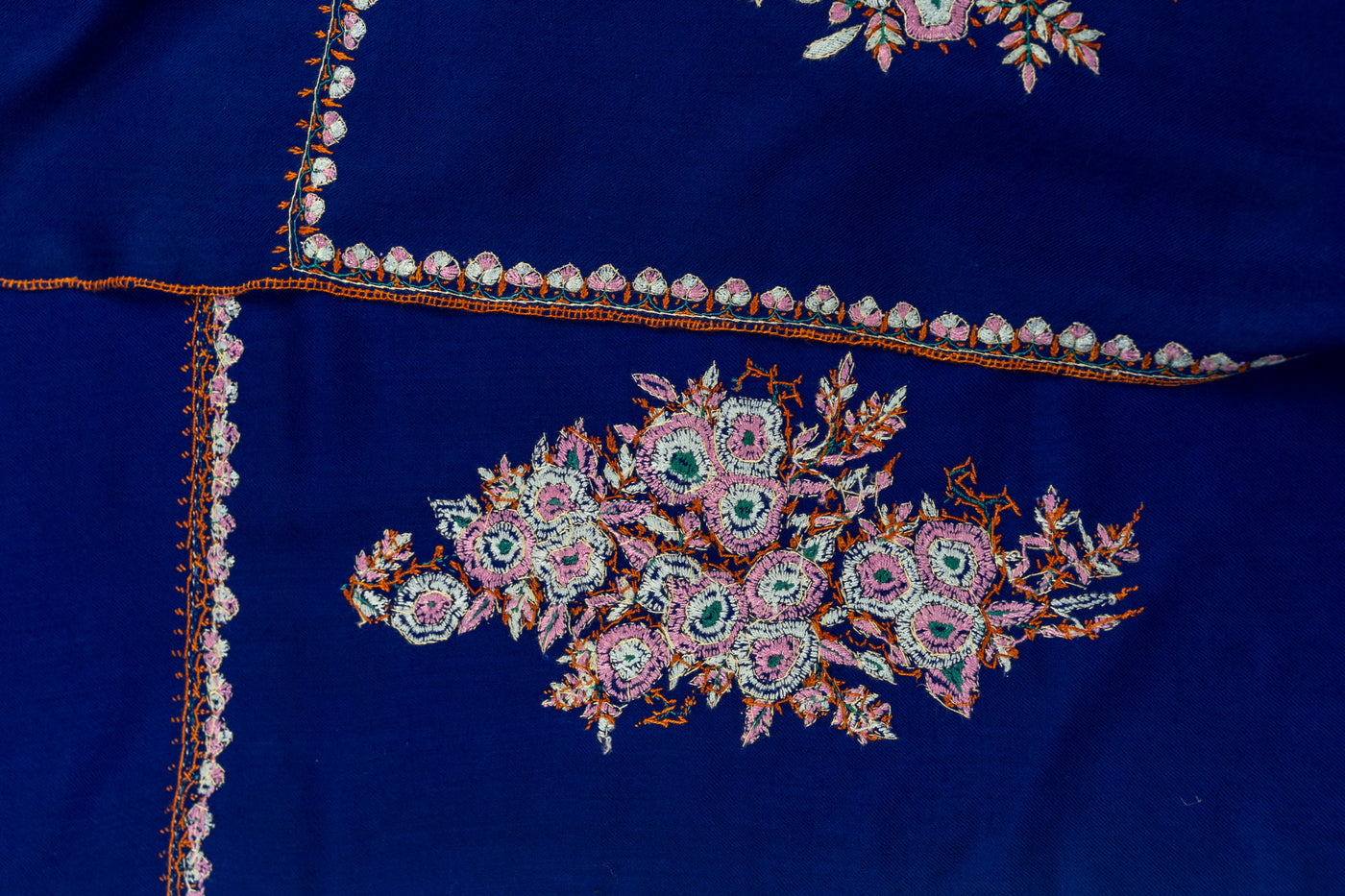 Royal Sapphire: Floral Hand-Embroidered Sozni Merino Wool Shawl in Deep Blue