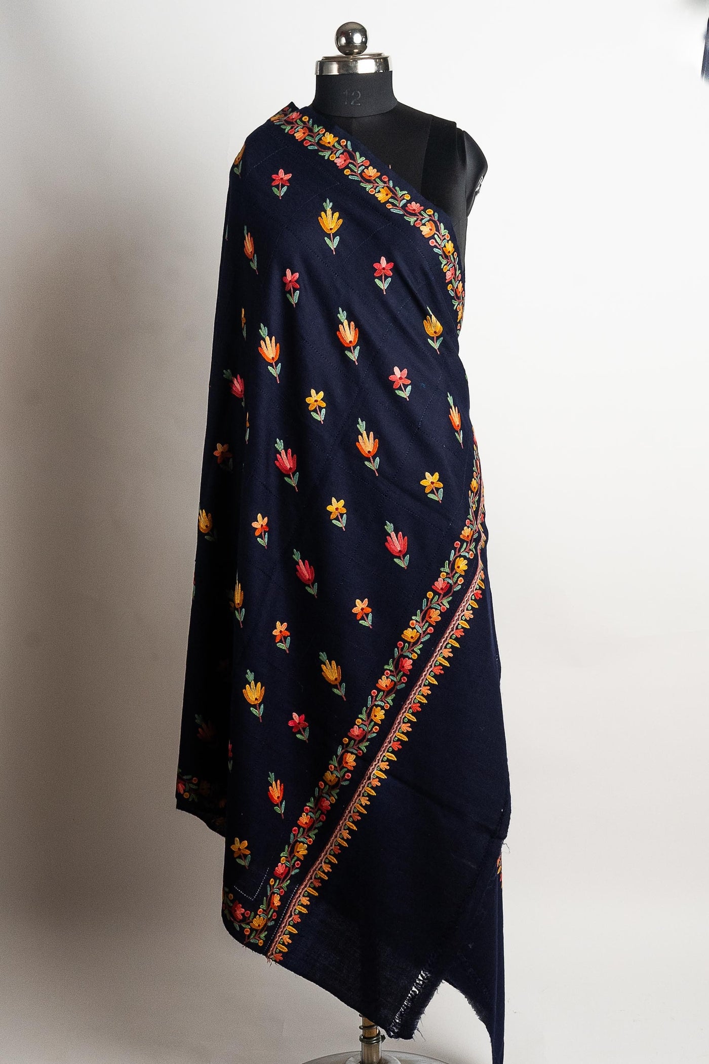Blue Merino Wool Shawl with Hand Aari Floral Embroidery