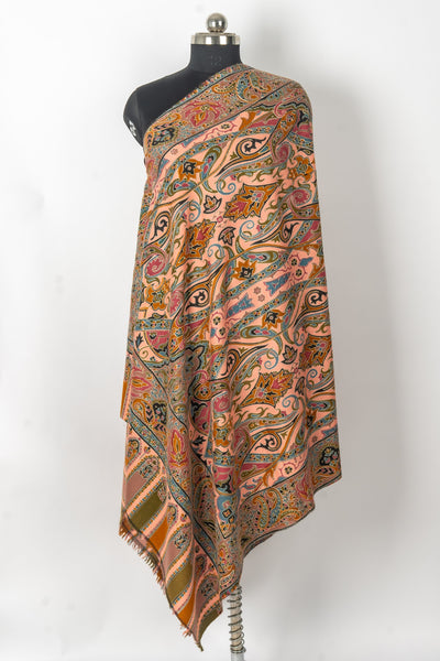 Kalamkari Shawl: Hand-Embroidered Sozni Merino Wool Shawl in Peach Blush