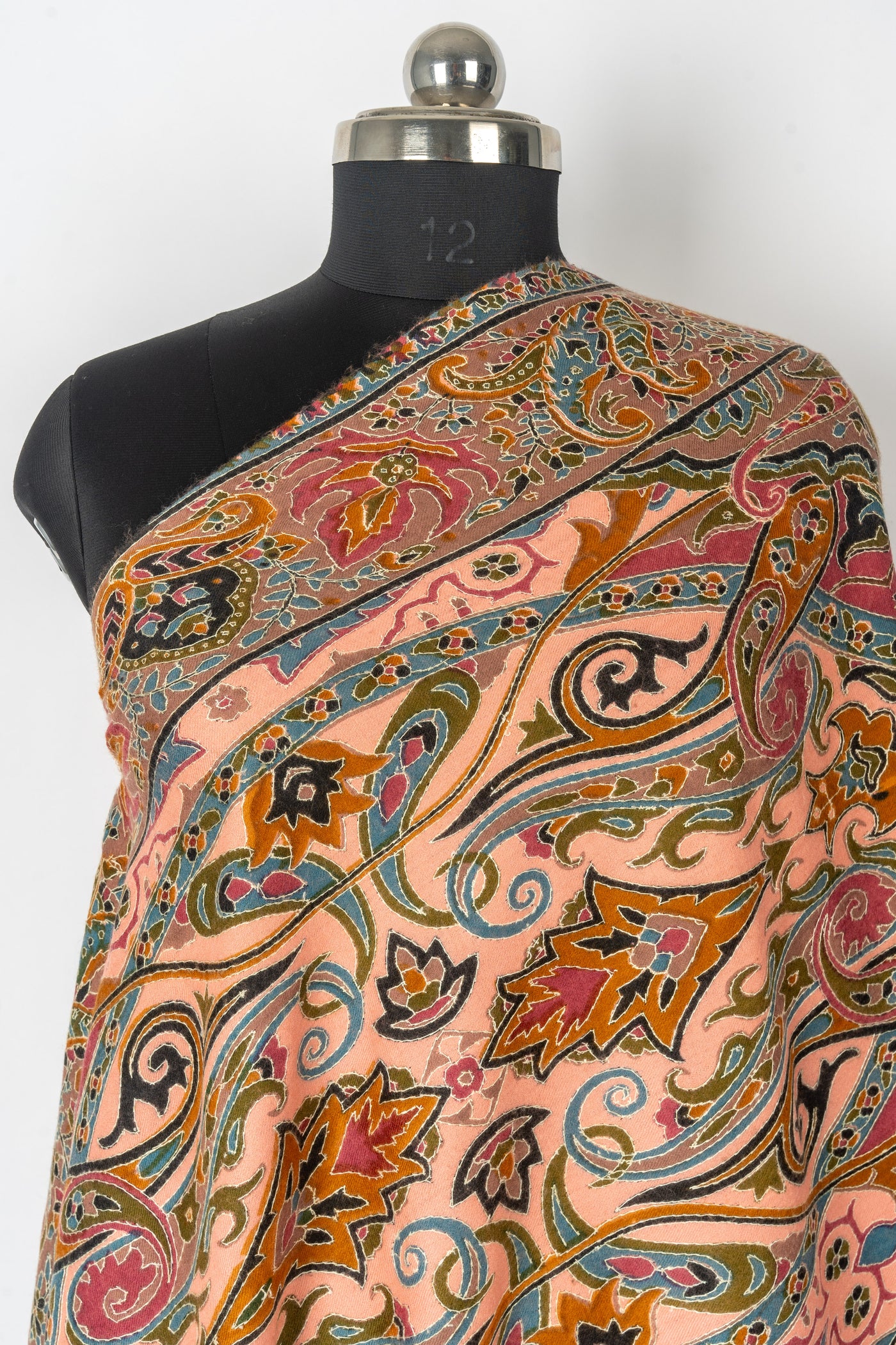 Kalamkari Shawl: Hand-Embroidered Sozni Merino Wool Shawl in Peach Blush