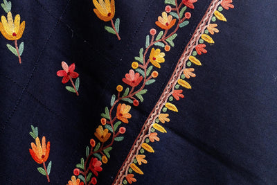 Blue Merino Wool Shawl with Hand Aari Floral Embroidery