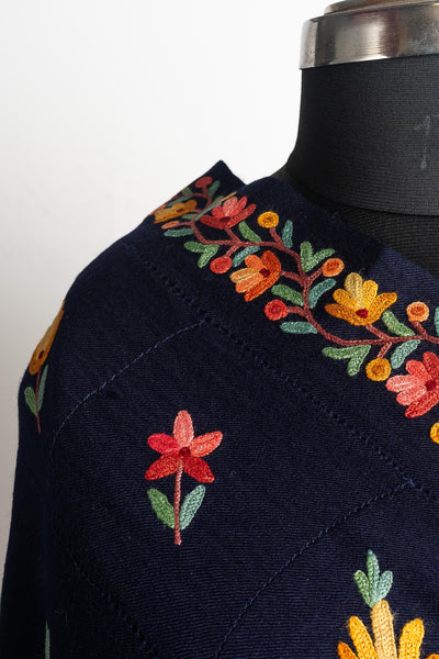 Blue Merino Wool Shawl with Hand Aari Floral Embroidery