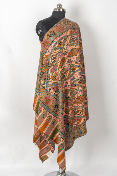 Kalamkari Shawl: Hand-Embroidered Sozni Merino Wool Shawl in Peach Blush