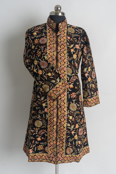 Handcrafted Golden Blossom Kashmiri Aari Embroidery Long Jacket.