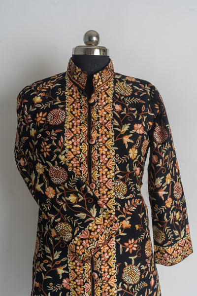 Handcrafted Golden Blossom Kashmiri Aari Embroidery Long Jacket.