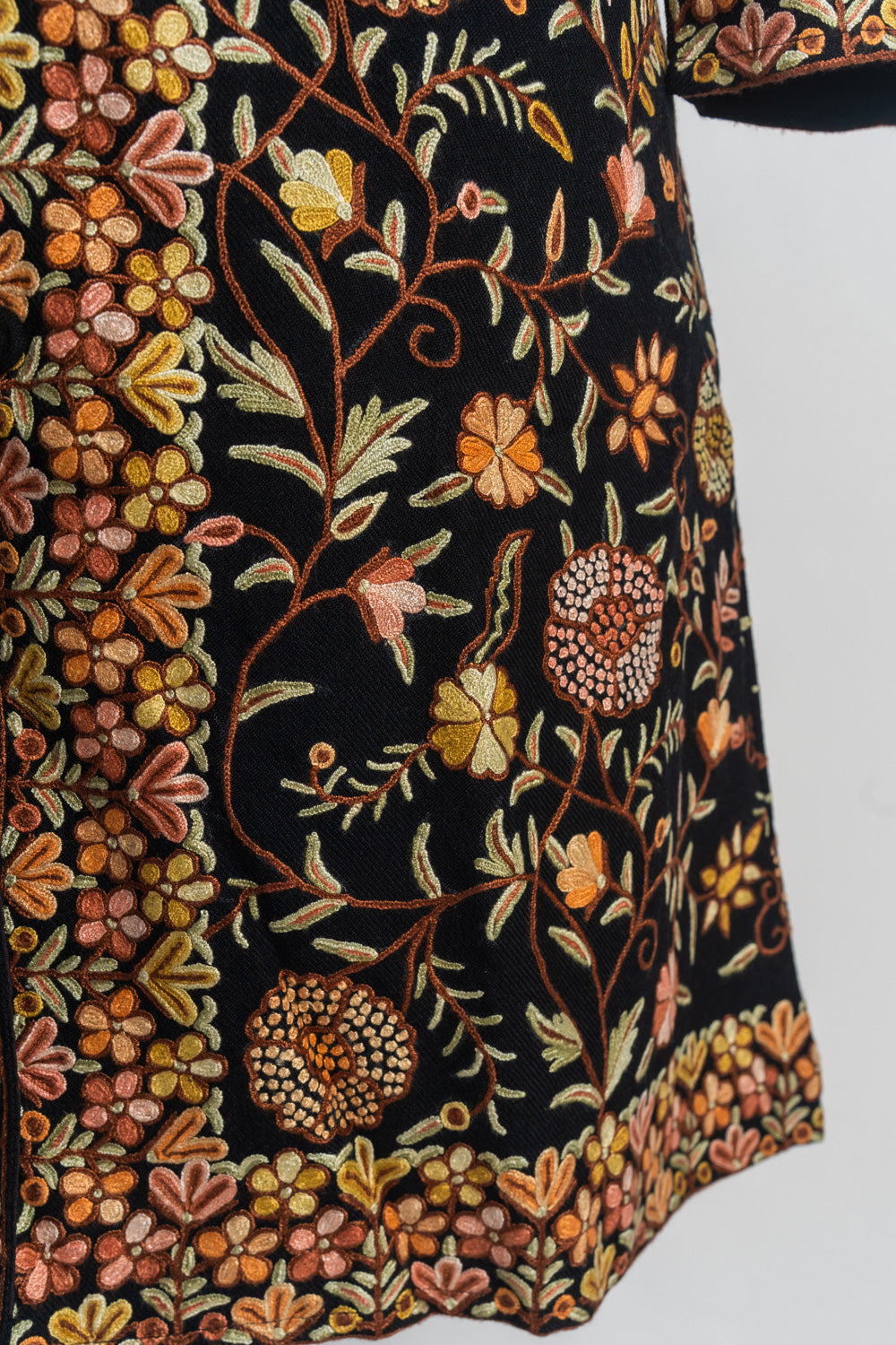 Handcrafted Golden Blossom Kashmiri Aari Embroidery Long Jacket.