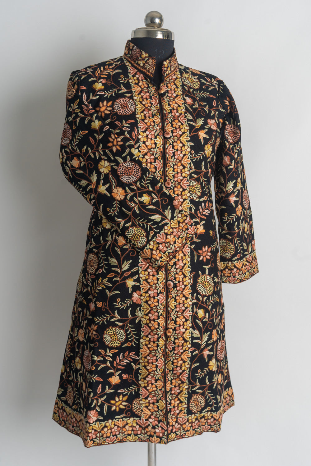 Handcrafted Golden Blossom Kashmiri Aari Embroidery Long Jacket.