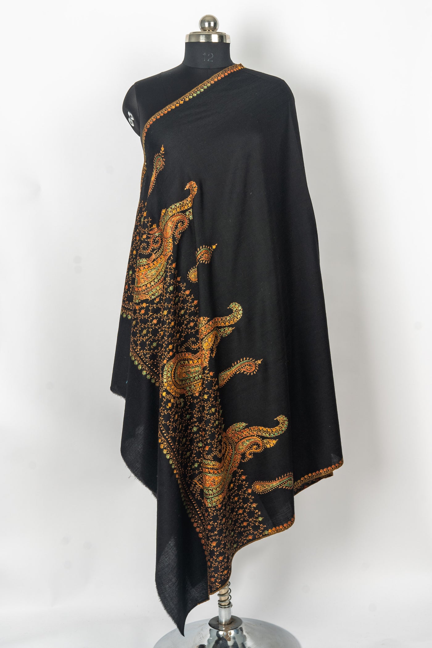 Majestic Midnight: Hand-Embroidered Sozni Paisley Merino Wool Shawl in Black Elegance