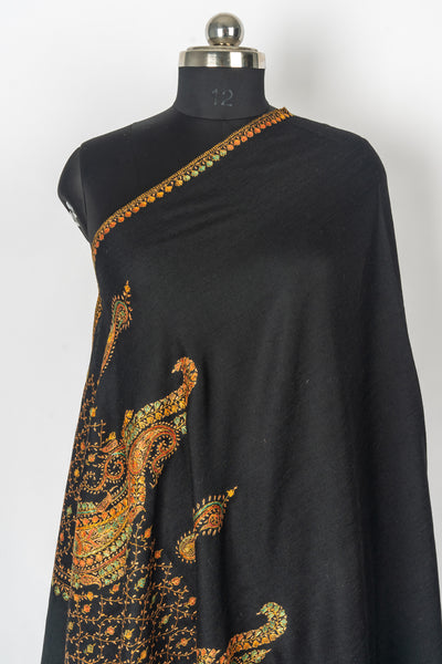 Majestic Midnight: Hand-Embroidered Sozni Paisley Merino Wool Shawl in Black Elegance