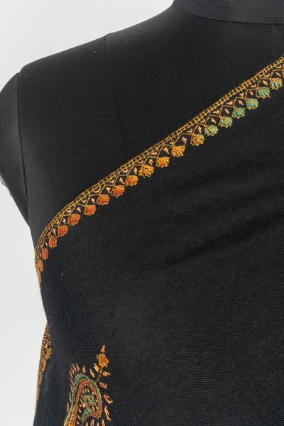 Majestic Midnight: Hand-Embroidered Sozni Paisley Merino Wool Shawl in Black Elegance