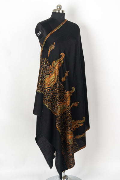 Majestic Midnight: Hand-Embroidered Sozni Paisley Merino Wool Shawl in Black Elegance