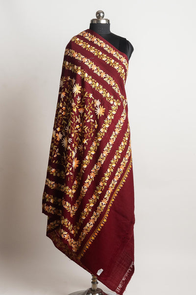 Maroon Merino Wool Shawl with Hand Aari Floral Embroidery
