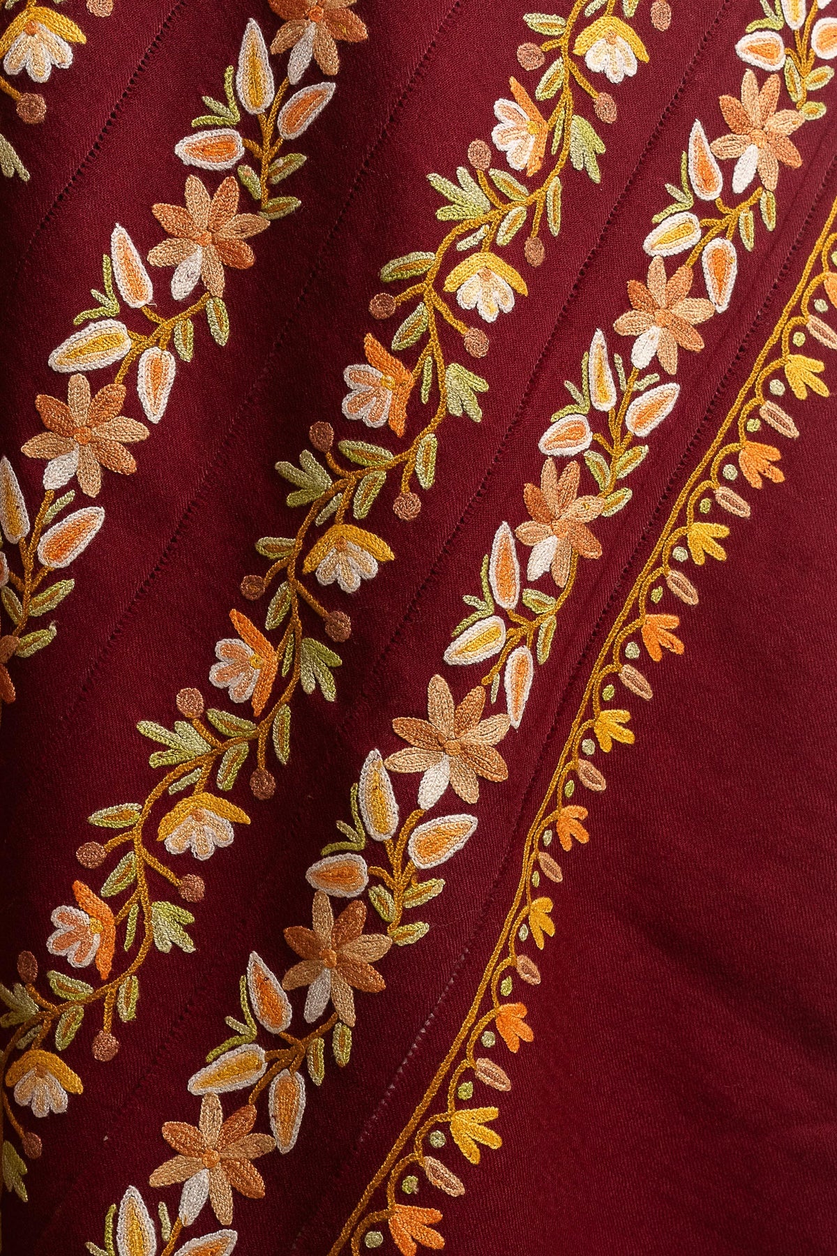 Maroon Merino Wool Shawl with Hand Aari Floral Embroidery