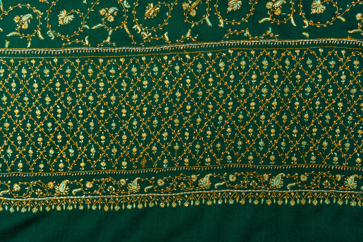 Emerald Grandeur: Hand-Embroidered Sozni Merino Wool Shawl in Deep Green