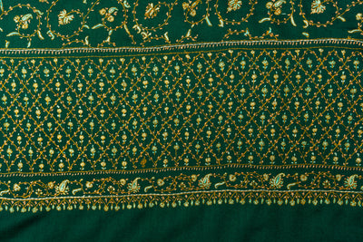 Emerald Grandeur: Hand-Embroidered Sozni Merino Wool Shawl in Deep Green