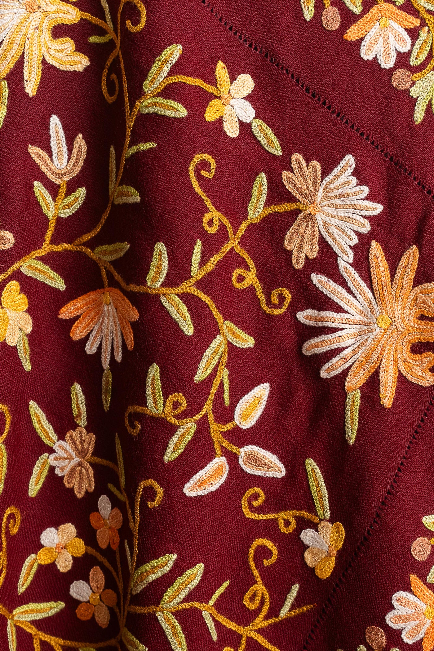 Maroon Merino Wool Shawl with Hand Aari Floral Embroidery