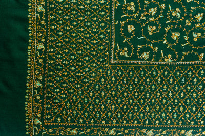 Emerald Grandeur: Hand-Embroidered Sozni Merino Wool Shawl in Deep Green