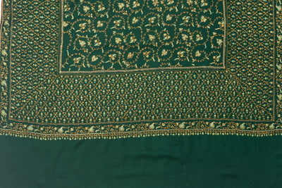 Emerald Grandeur: Hand-Embroidered Sozni Merino Wool Shawl in Deep Green