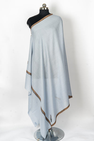 Serene Sophistication: Hand-Embroidered Sozni Border Merino Wool Shawl in Powder Blue