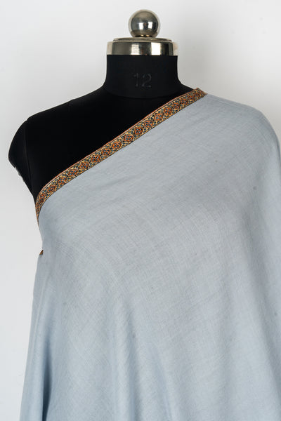 Serene Sophistication: Hand-Embroidered Sozni Border Merino Wool Shawl in Powder Blue