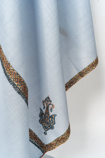 Serene Sophistication: Hand-Embroidered Sozni Border Merino Wool Shawl in Powder Blue