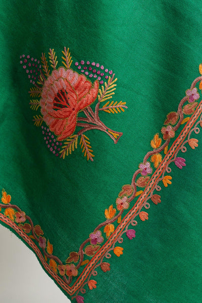 Green Merino Wool Shawl with Hand Aari Floral Embroidery