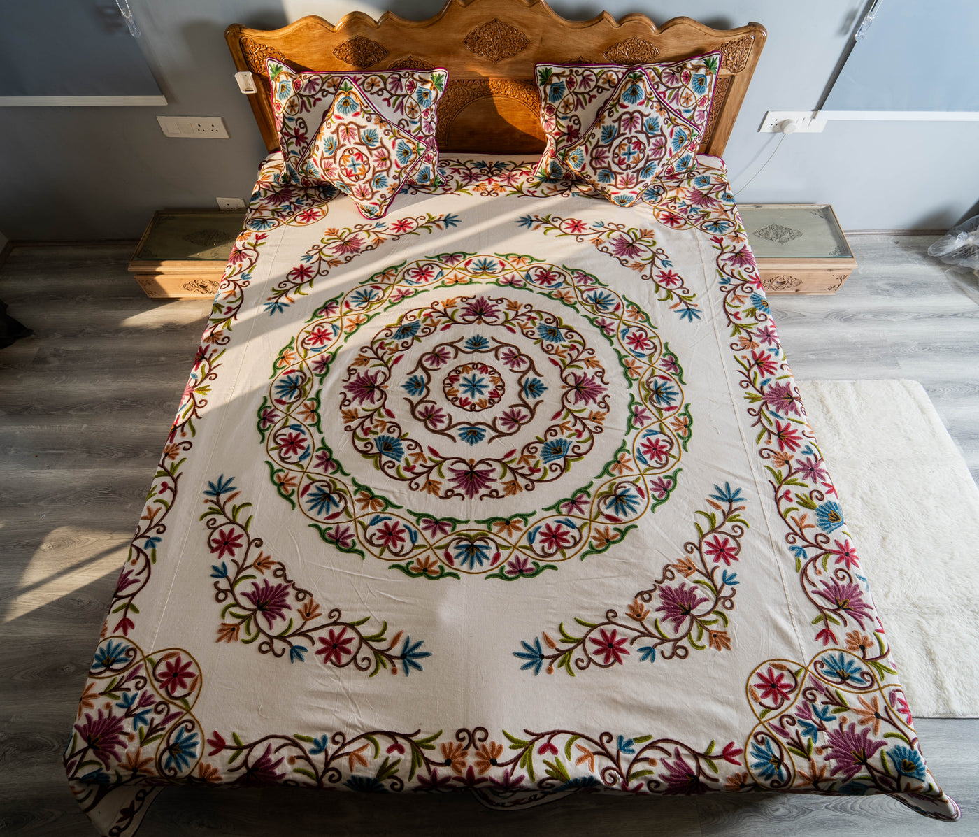 Kashmiri Crewel Hand-Embroidered King-Size Bed Cover Set with Pillow & Cushion Covers – Circular Floral Motif