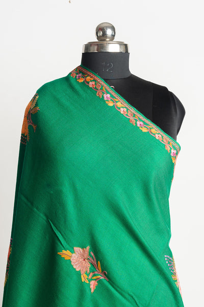 Green Merino Wool Shawl with Hand Aari Floral Embroidery