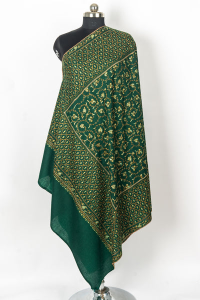 Emerald Grandeur: Hand-Embroidered Sozni Merino Wool Shawl in Deep Green