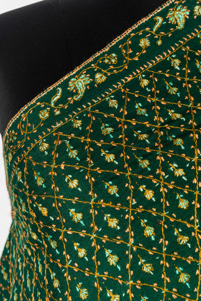 Emerald Grandeur: Hand-Embroidered Sozni Merino Wool Shawl in Deep Green