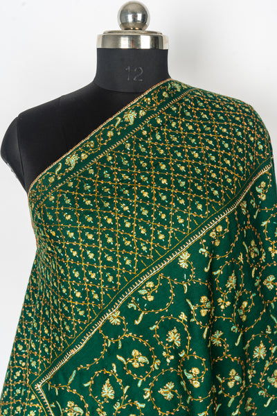 Emerald Grandeur: Hand-Embroidered Sozni Merino Wool Shawl in Deep Green