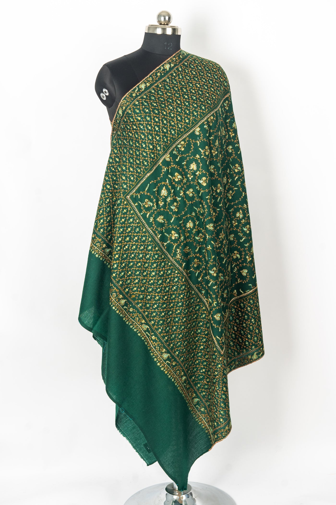 Emerald Grandeur: Hand-Embroidered Sozni Merino Wool Shawl in Deep Green