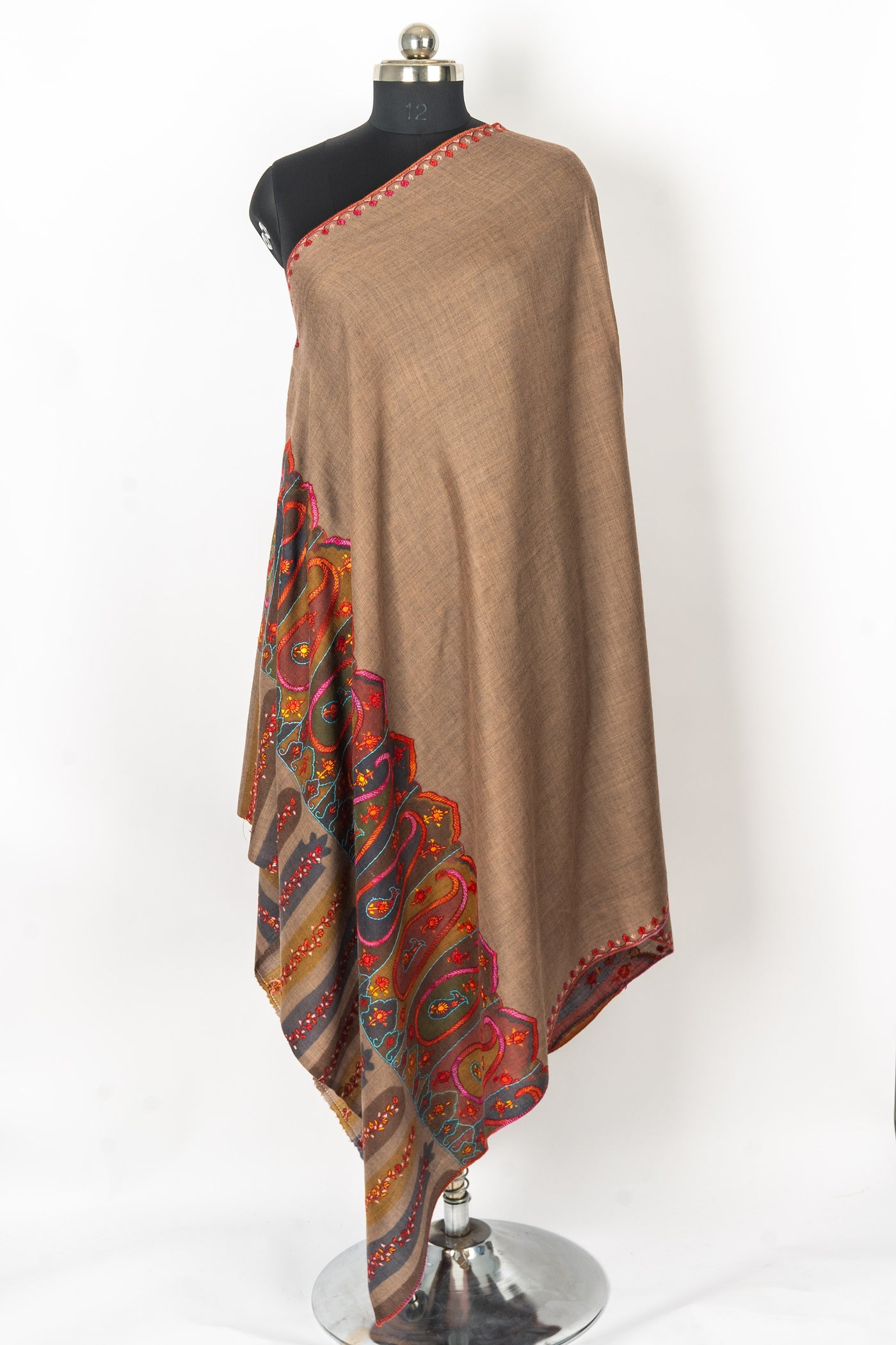 Kalamkari Shawl: Hand-Embroidered Sozni Paisley Merino Wool Shawl in Walnut Brown