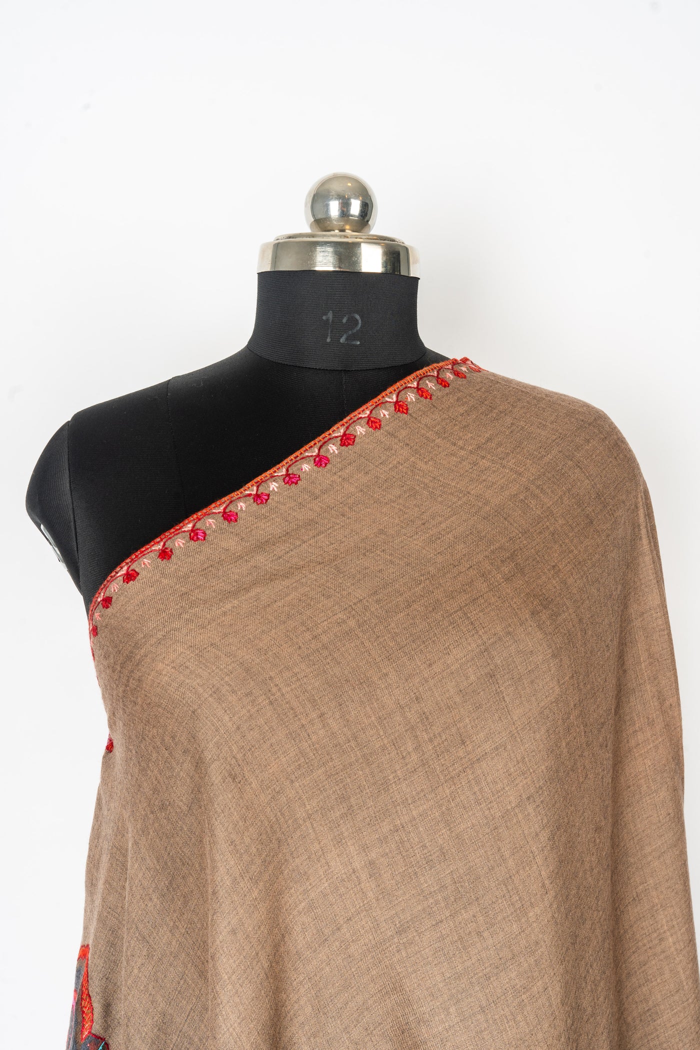 Kalamkari Shawl: Hand-Embroidered Sozni Paisley Merino Wool Shawl in Walnut Brown