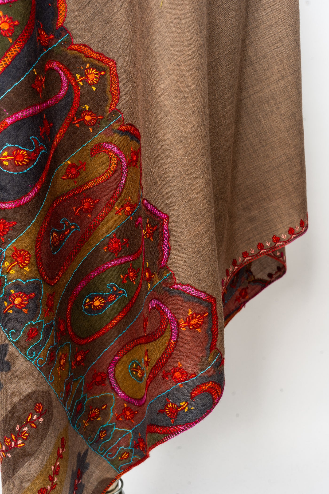 Kalamkari Shawl: Hand-Embroidered Sozni Paisley Merino Wool Shawl in Walnut Brown