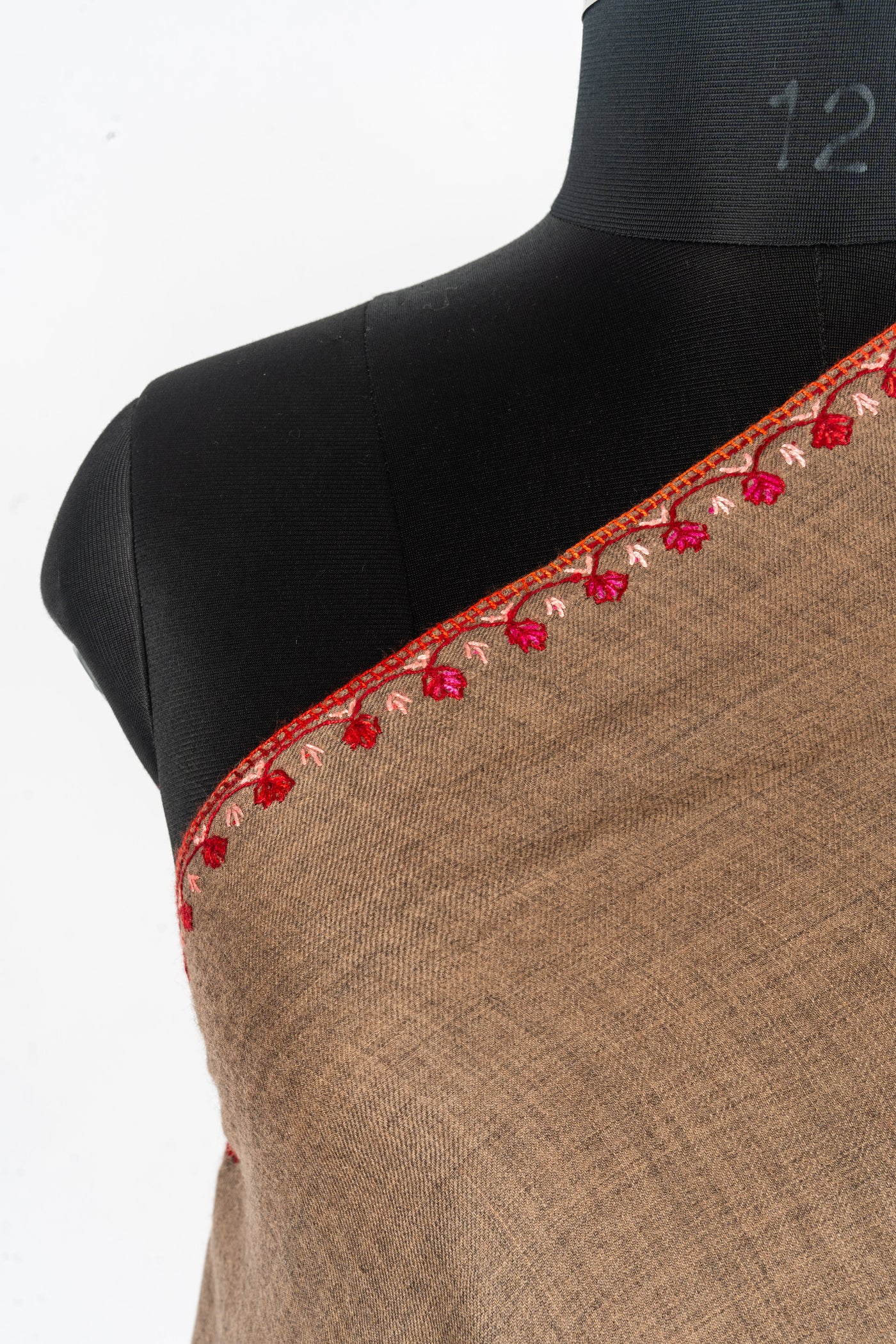 Kalamkari Shawl: Hand-Embroidered Sozni Paisley Merino Wool Shawl in Walnut Brown