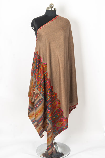 Kalamkari Shawl: Hand-Embroidered Sozni Paisley Merino Wool Shawl in Walnut Brown