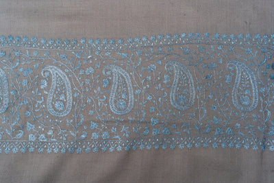 Graceful Elegance: Hand-Embroidered Sozni Paisley Merino Wool Shawl in Silver Grey