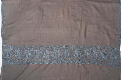 Graceful Elegance: Hand-Embroidered Sozni Paisley Merino Wool Shawl in Silver Grey