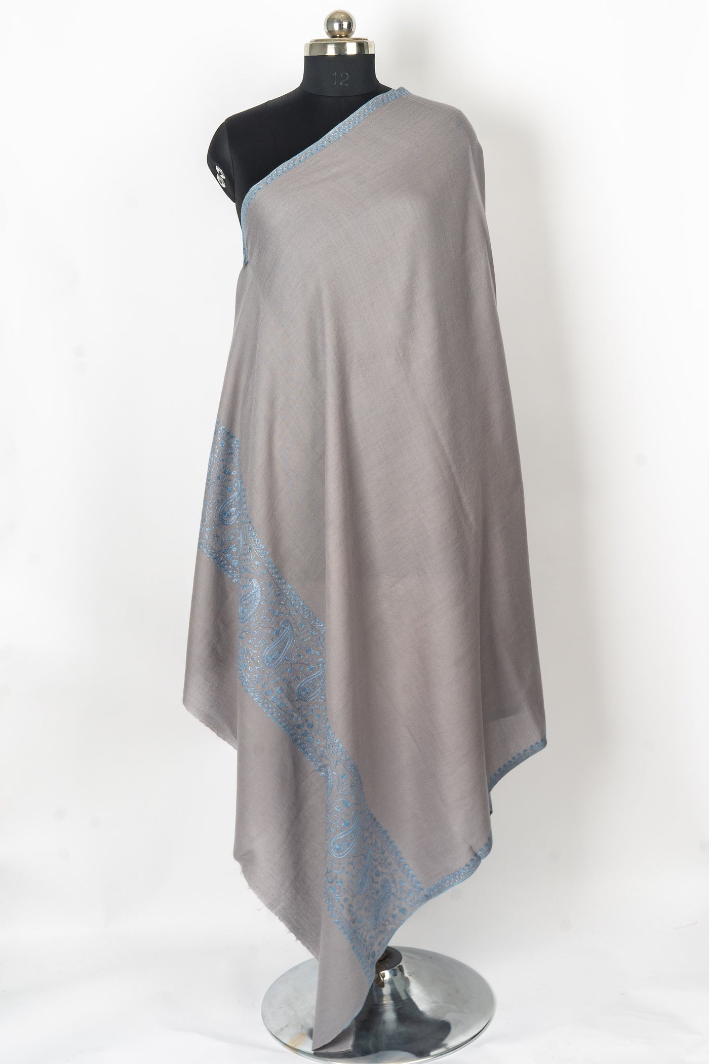 Graceful Elegance: Hand-Embroidered Sozni Paisley Merino Wool Shawl in Silver Grey