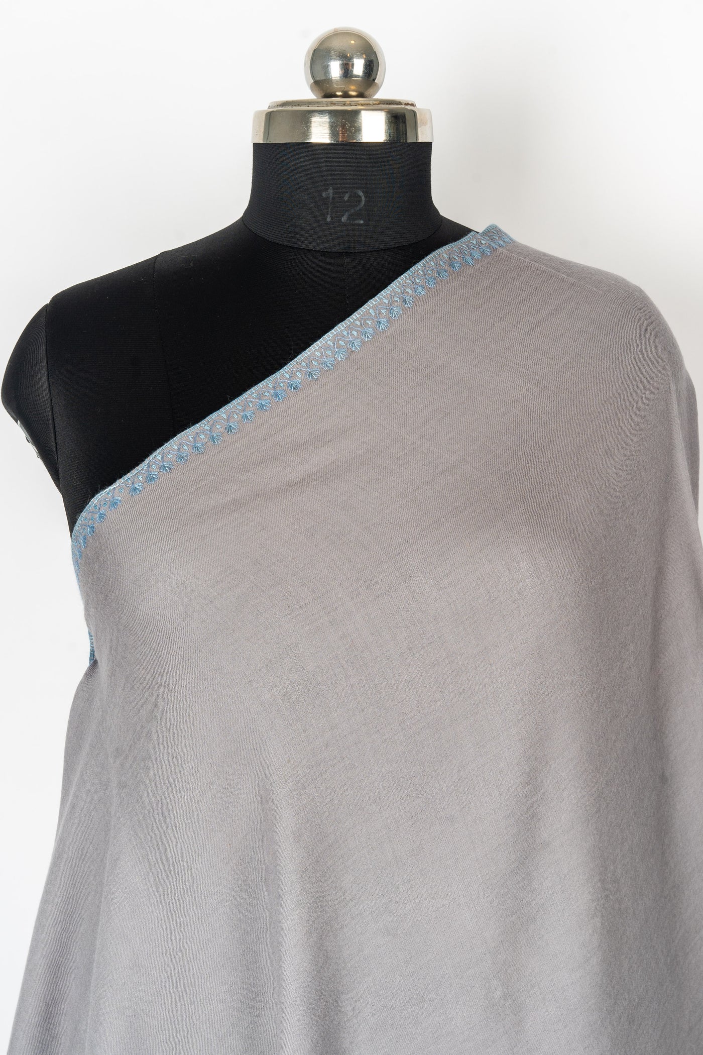 Graceful Elegance: Hand-Embroidered Sozni Paisley Merino Wool Shawl in Silver Grey